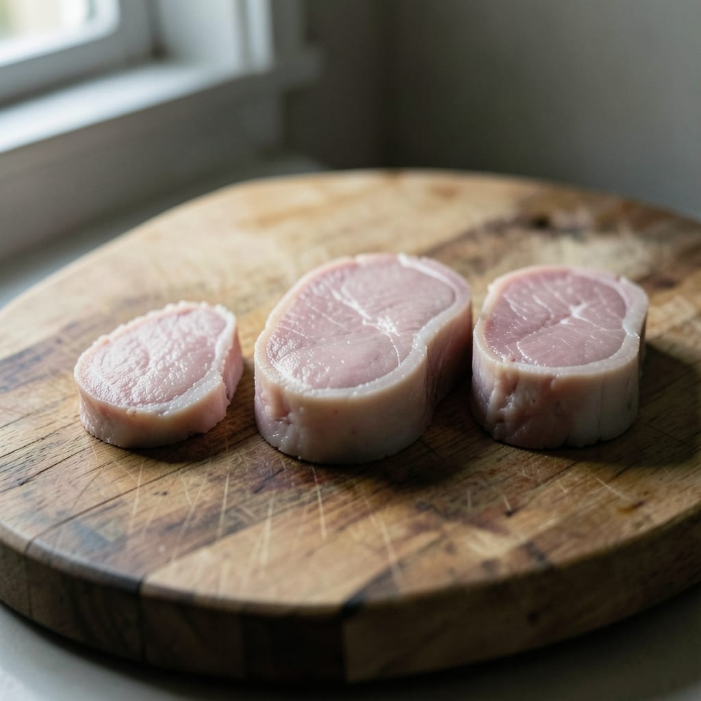 Three chops of different thickness, ready to be tested